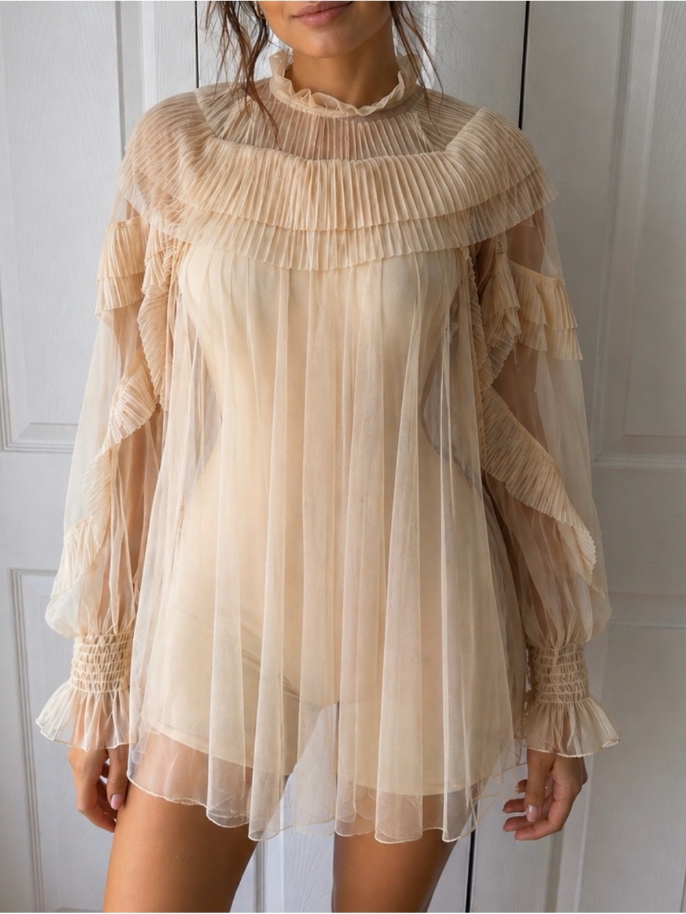 Sheer Beige Ruffled Chiffon Blouse
